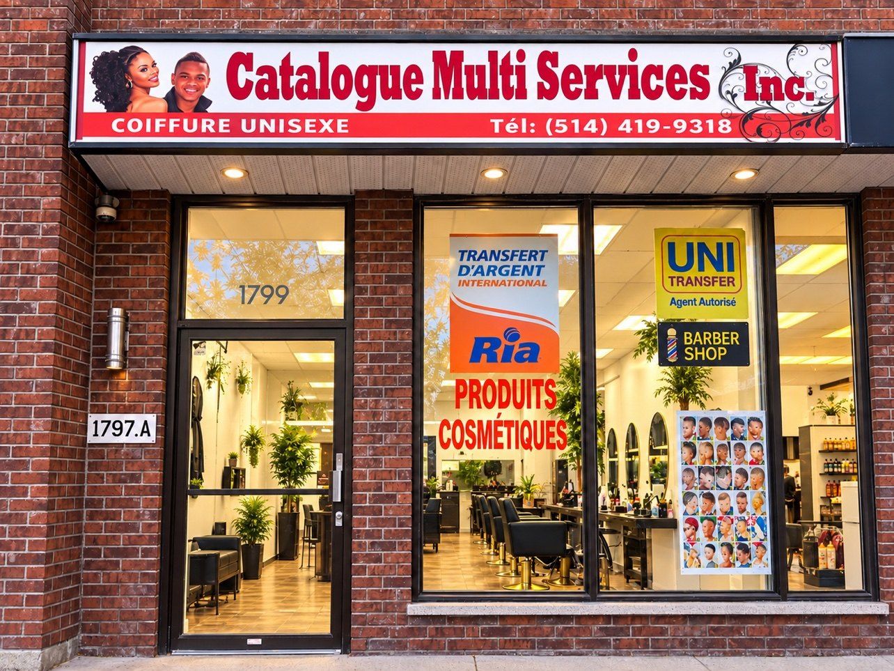 Façade complète de Catalogue Salon de Beauté : enseigne Catalogue Multi Services, coiffure unisexe, au 1799 rue Sauvé Est