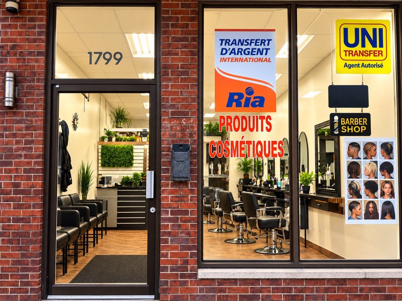 Entrée du salon et vitrine avec les affiches Ria et UNI Transfer